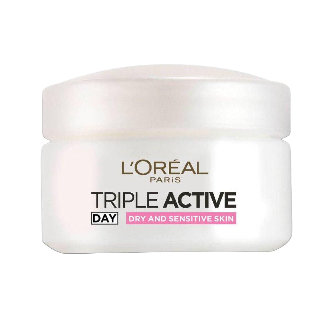 קרם יום לוריאל פריז Triple Active לעור יבש ועדין מועשר בויטמינים B5 ו-E וסרמידים להגנה ולחות