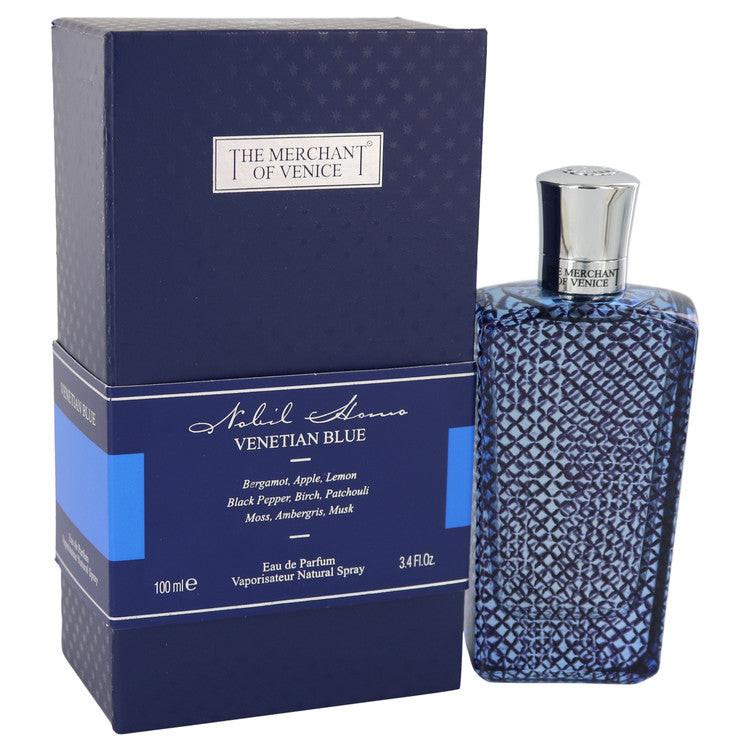 בושם Venetian Blue לגבר מבית The Merchant of Venice - או דה פארפם נישה בבקבוק כחול וזהב יוקרתי המקרין רעננות של הדרים, פלפל שחור ואזוב ימי.