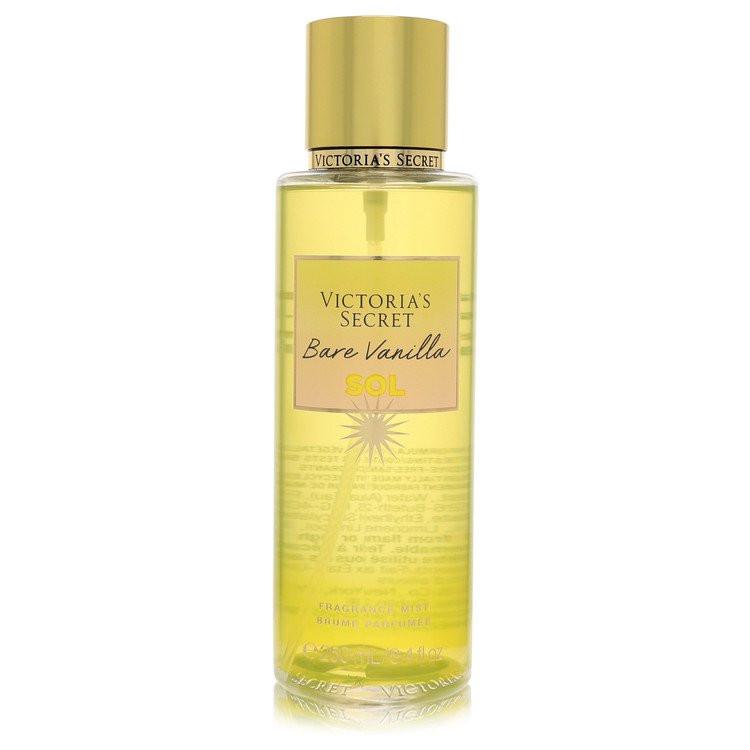 מיסט גוף Victoria's Secret Bare Vanilla Sol לאישה - ניחוח וניל קורן המשלב פריחת הדרים בבקבוק בעיצוב מוזהב המקרין חמימות אבסולוטית וסטייל טרופי מודרני.