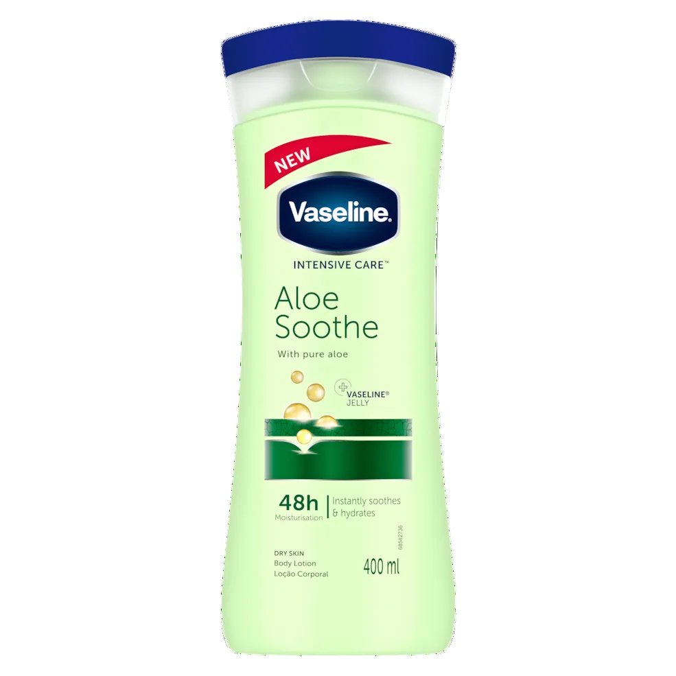 בקבוק תחליב לחות לגוף וזלין Vaseline Intensive Care Aloe Soothe בנפח 400 מ"ל מועשר באלוורה טבעית וחומצה היאלורונית, בעיצוב בגווני ירוק אלוורה וכחול.