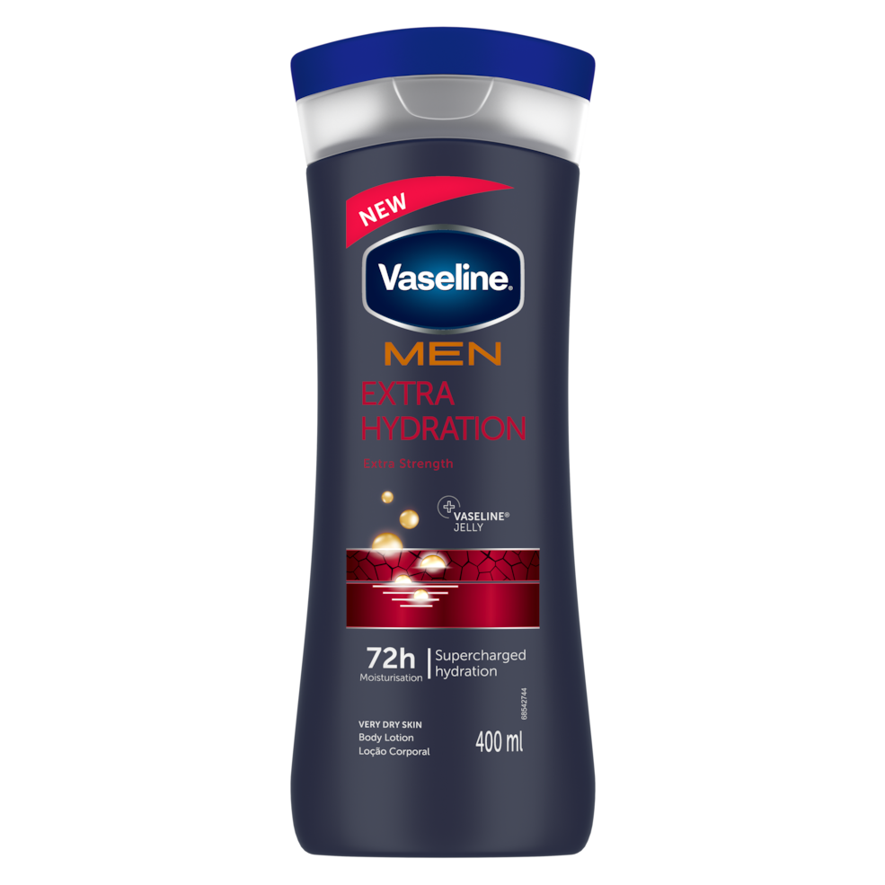 בקבוק תחליב לחות לגוף לגבר וזלין Vaseline MEN Extra Hydration בנפח 400 מ"ל לשיקום עור יבש מאוד ולחות עד 72 שעות, בעיצוב בגווני שחור ואדום.