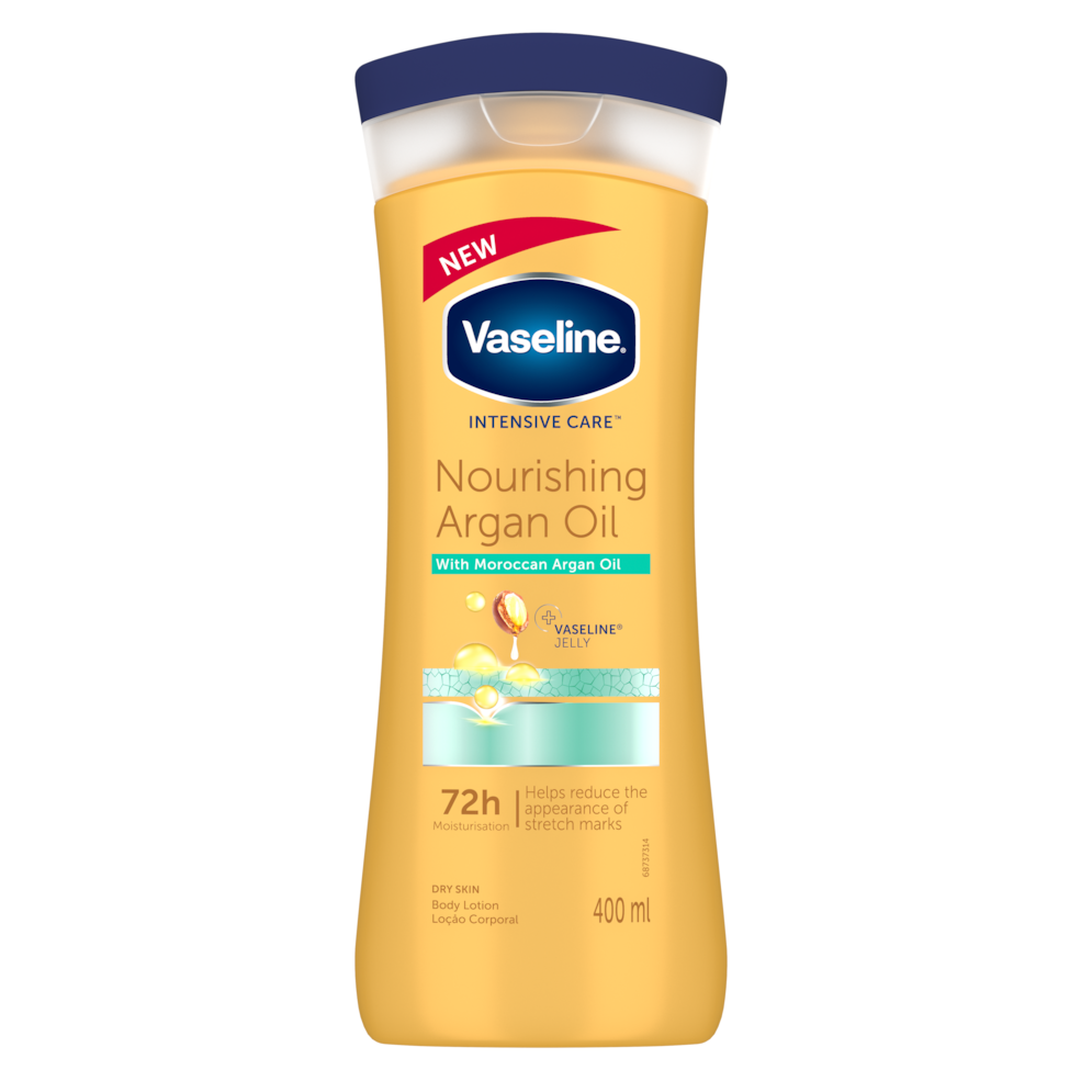 בקבוק תחליב לחות לגוף וזלין Vaseline Nourishing Argan Oil בנפח 400 מ"ל מועשר בשמן ארגן טהור להפחתת מראה סימני מתיחה ולחות עד 72 שעות, בעיצוב בגווני כתום, כחול וירוק זית.