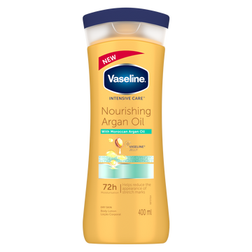 בקבוק תחליב לחות לגוף וזלין Vaseline Nourishing Argan Oil בנפח 400 מ"ל מועשר בשמן ארגן טהור להפחתת מראה סימני מתיחה ולחות עד 72 שעות, בעיצוב בגווני כתום, כחול וירוק זית.