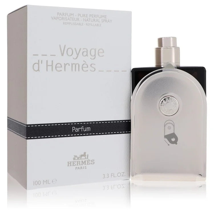בקבוק בושם טהור יוניסקס הרמס ואיאג' דה הרמס Voyage d'Hermès Pure Perfume Parfum במכל ניתן למילוי חוזר 100 מ"ל בעיצוב פיסולי יוקרתי בגווני שחור, קרם-שמנת וכסף