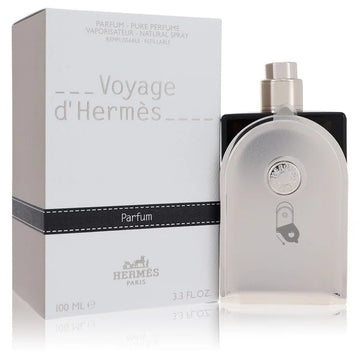 בקבוק בושם טהור יוניסקס הרמס ואיאג' דה הרמס Voyage d'Hermès Pure Perfume Parfum במכל ניתן למילוי חוזר 100 מ"ל בעיצוב פיסולי יוקרתי בגווני שחור, קרם-שמנת וכסף