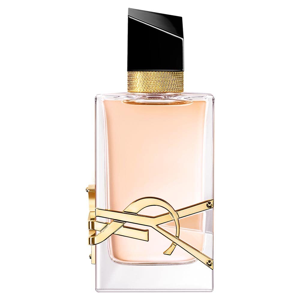 בקבוק בושם לאישה Yves Saint Laurent Libre Eau de Toilette מעוטר בלוגו ה-YSL המוזהב האגדי, בעיצוב יוקרתי, קליל ואלגנטי בגווני זהב ושחור.