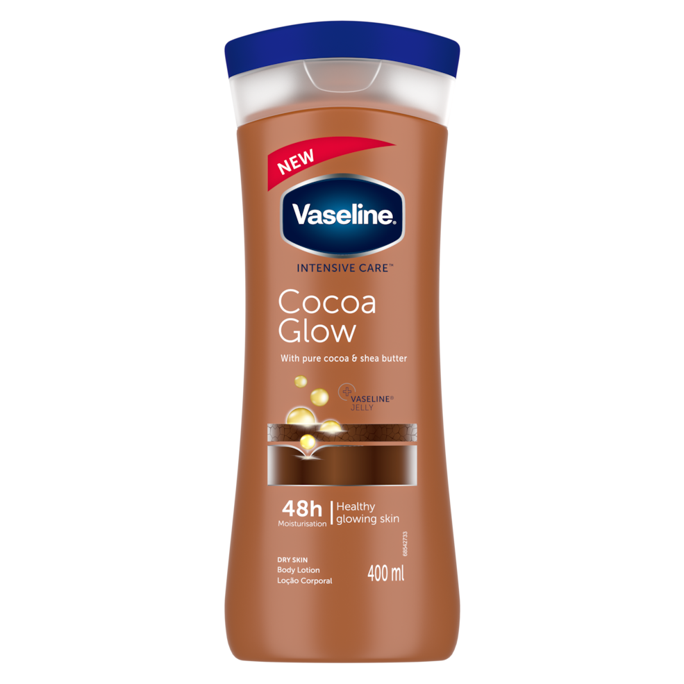 בקבוק תחליב לחות לגוף וזלין Vaseline Intensive Care Cocoa Glow בנפח 400 מ"ל מועשר בחמאת קקאו טבעית, בעיצוב בגווני חום קקאו עשיר וכחול.