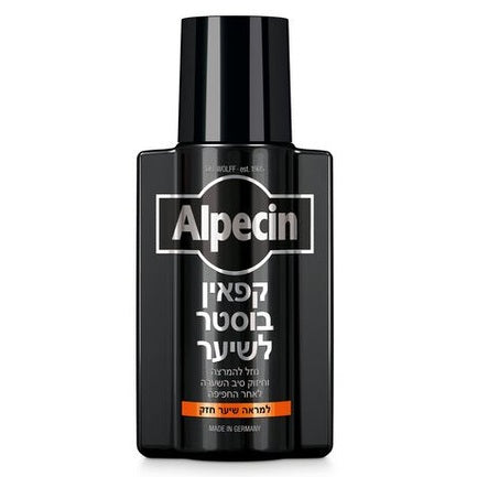 בקבוק טוניק אלפסין קפאין בוסטר Alpecin Caffeine Hair Booster ללא שטיפה עם פיה צרה להמרצת הקרקפת, חיזוק סיב השערה וטיפול בשיער דליל בעיצוב ורוד פוקסיה כחול נייבי ואדום