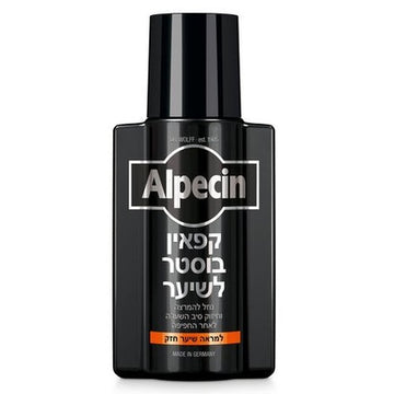 בקבוק טוניק אלפסין קפאין בוסטר Alpecin Caffeine Hair Booster ללא שטיפה עם פיה צרה להמרצת הקרקפת, חיזוק סיב השערה וטיפול בשיער דליל בעיצוב ורוד פוקסיה כחול נייבי ואדום