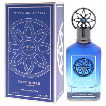 בקבוק בושם יוקרתי Anfar Zenit Nomad בעיצוב כהה ואלגנטי, המקרין עוצמה עצימה, מסתורין של עור וסטייל של בישום נישה ערבי עילית