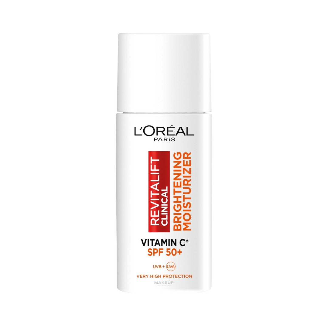 תחליב פנים לוריאל פריז Revitalift Clinical עם ויטמין C והגנה SPF 50 למניעת כתמים וקמטים בגימור שקוף