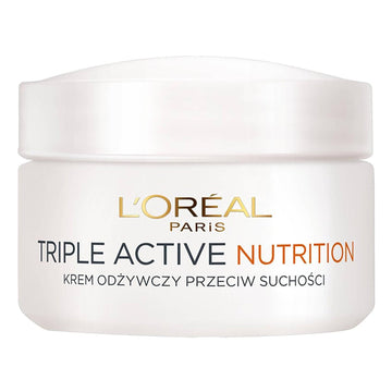 קרם יום לוריאל פריז Triple Active Nutrition מועשר באומגה 3 ו-6 וסרמידים להזנת עור יבש