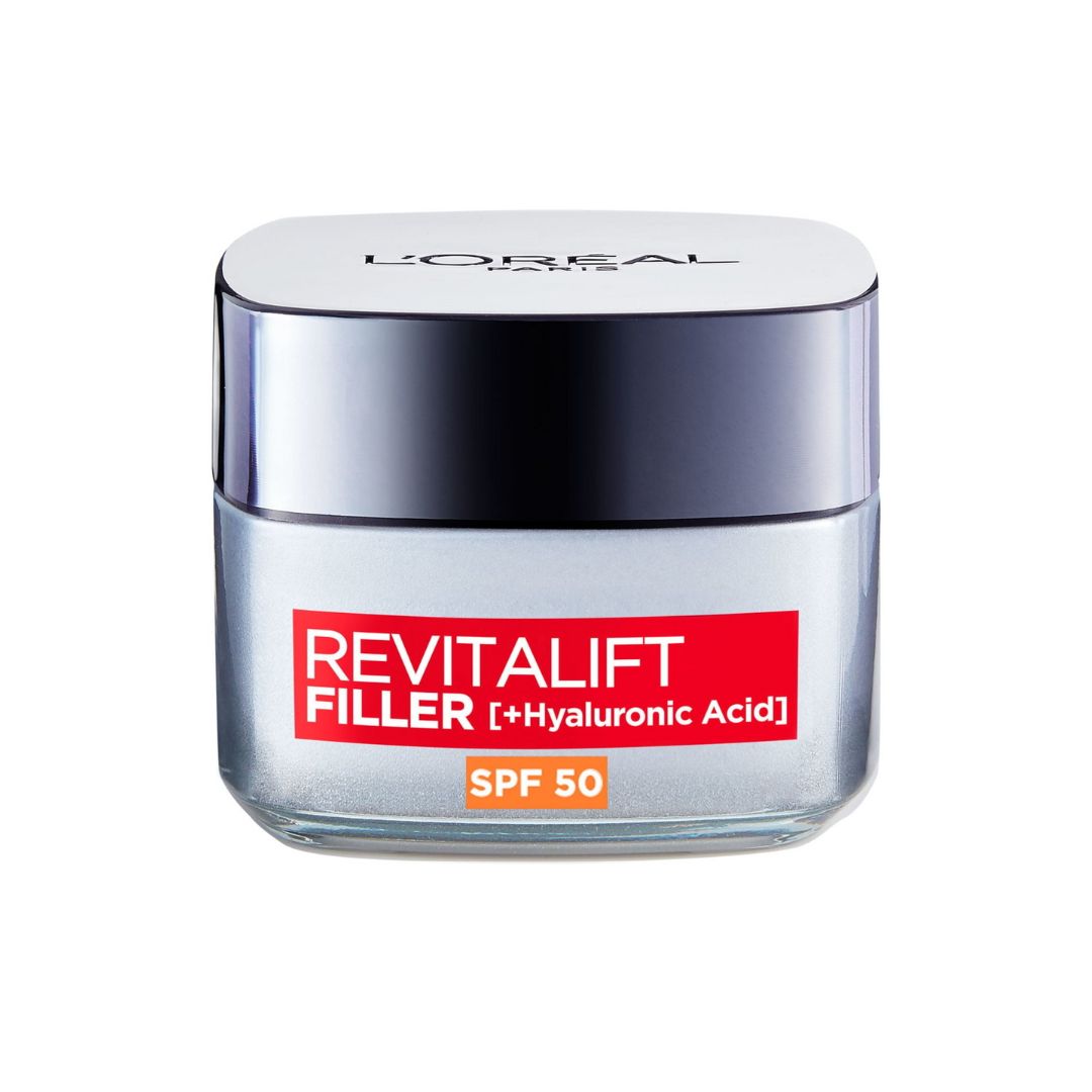 קרם יום לוריאל פריז Revitalift Filler SPF 50 מועשר ב-3 סוגי חומצה היאלורונית להשבת נפח ומילוי קמטים