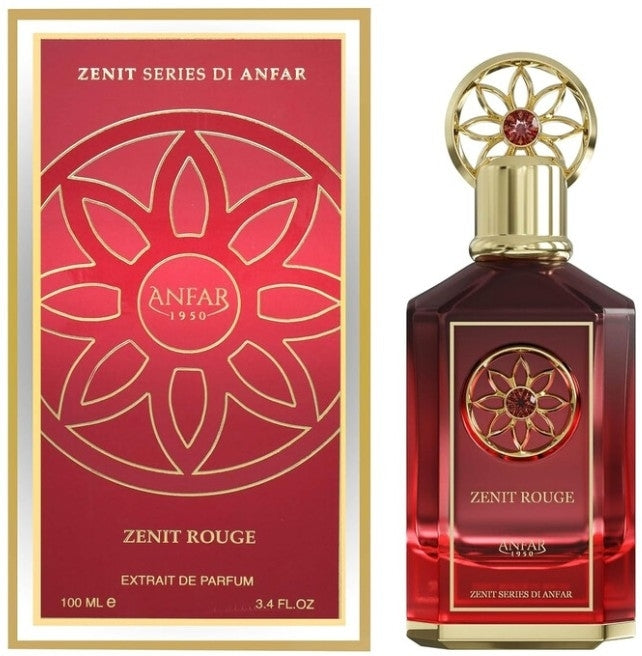 בקבוק בושם יוקרתי Anfar Zenit Rouge בגוון אדום עמוק ומרהיב, המקרין עוצמה, תשוקה וסטייל של בישום נישה ערבי עילית