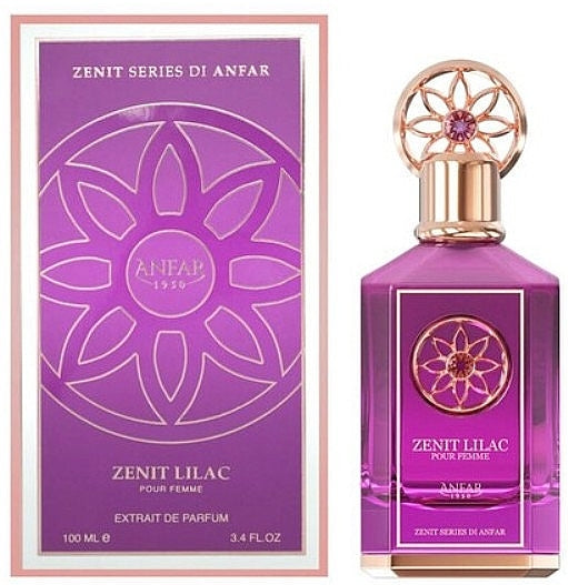 בקבוק בושם יוקרתי Anfar Zenit Lilac בגוון סגול לילך עדין ואלגנטי, המקרין נשיות קורנת, פריחה אביבית וסטייל של בישום נישה ערבי עילית