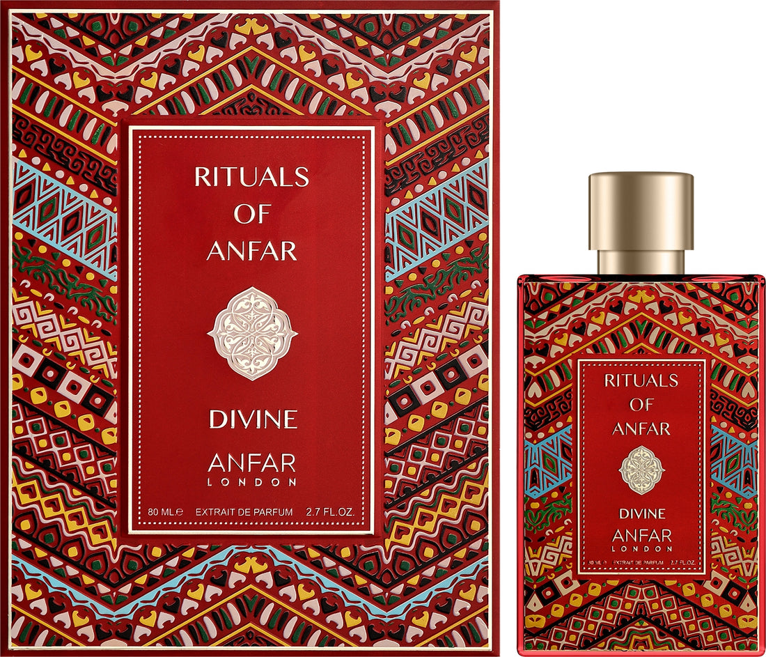 בקבוק בושם יוקרתי Anfar London Divine בעיצוב אצילי וזהוב, המקרין זוהר מלכותי, עומק של ענבר ויסמין, וסטייל של בישום נישה ערבי עילית