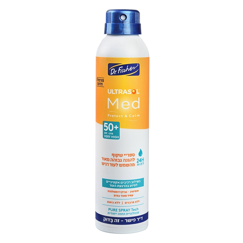 אולטרסול MED ספריי שקוף +SPF50 של ד"ר פישר לעור רגיש, הגנה רחבה UVA+UVB+IR+HEV עם קמומיל וליקורציה להרגעת העור