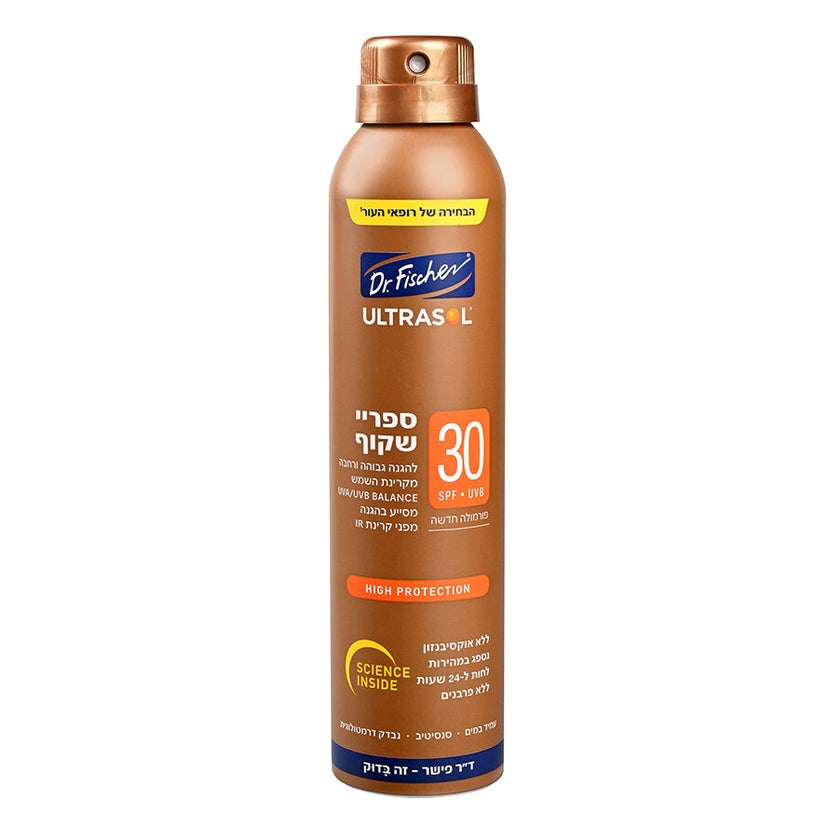 אולטרסול ספריי שקוף SPF30 של ד"ר פישר בטכנולוגיית PURE SPRAY להגנה גבוהה ובלתי נראית, מועשר בתה ירוק וויטמין E