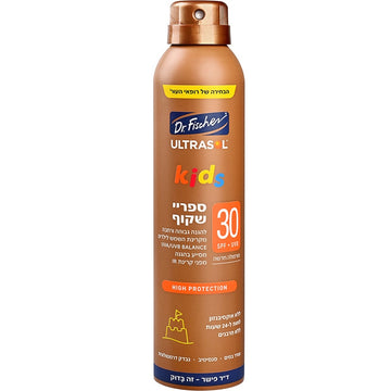 אולטרסול KIDS ספריי שקוף SPF30 של ד"ר פישר, טכנולוגיית Pure Spray להתזה רציפה ללא גז, מותאם לעור רגיש עם ויטמין E ותה ירוק