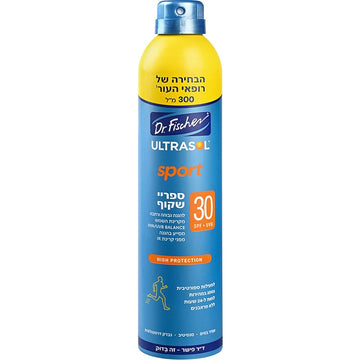 אולטרסול ספורט ספריי שקוף SPF30 באריזה מוגדלת של ד"ר פישר, הגנה לספורטאים המונעת ריחות גוף בטכנולוגיית PURE SPRAY