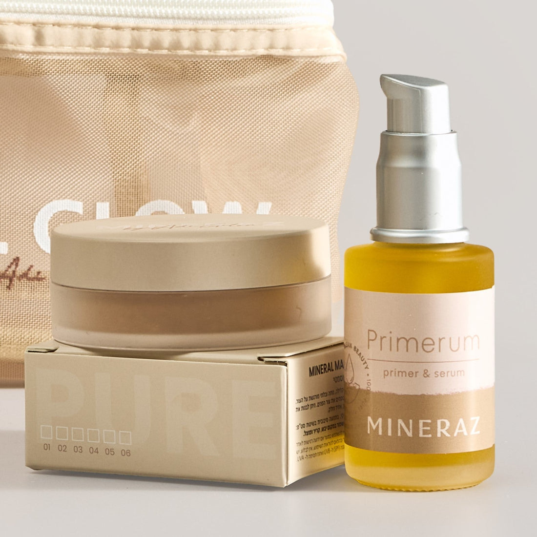 מארז צמד טיפוח של מינרז MINERAZ הכולל מייקאפ מינרלי מהדורה חדשה ופריימרום סרום להכנת העור