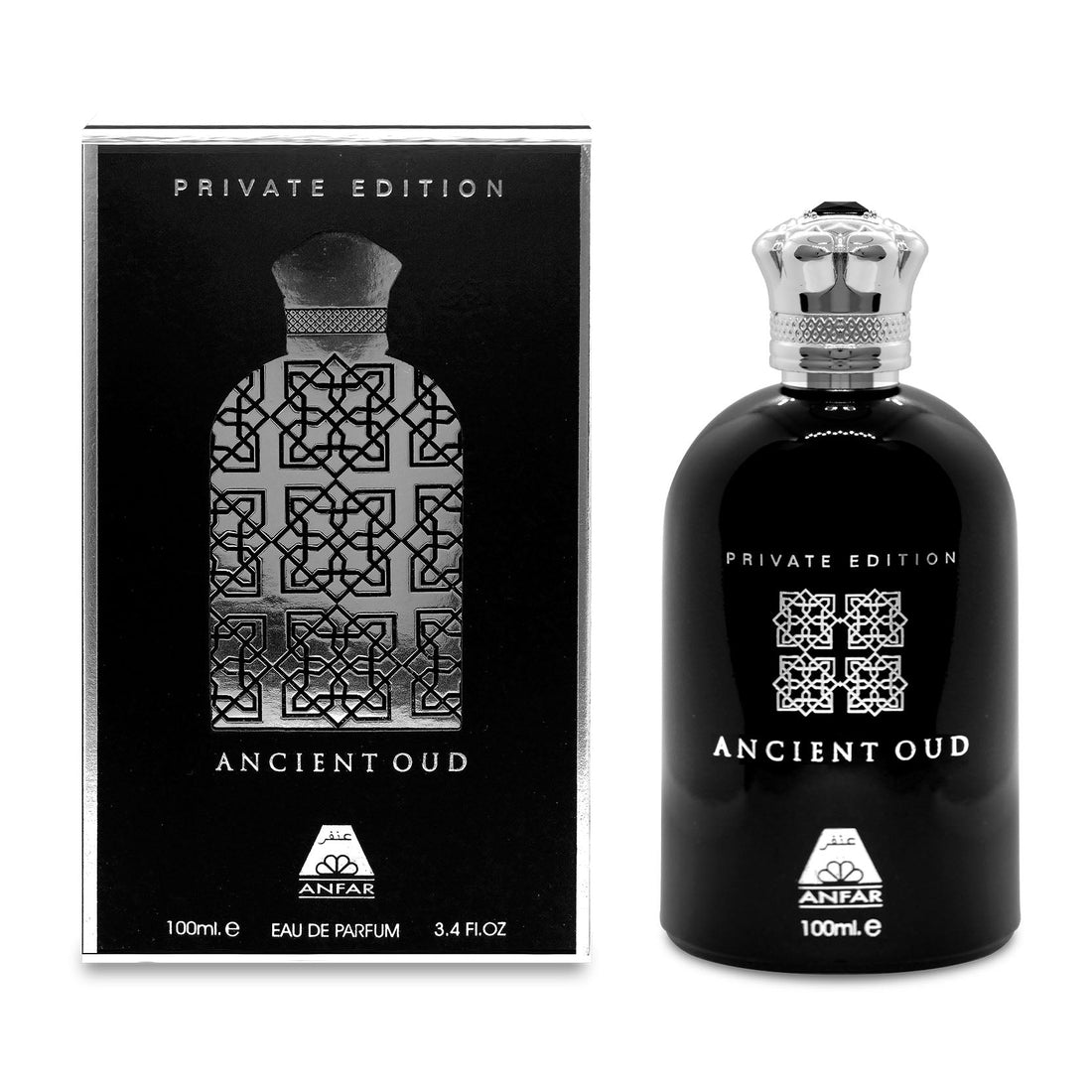 בקבוק בושם יוקרתי Anfar Ancient Oud לגבר בעיצוב אצילי המשלב גווני חום כהה וזהב, המקרין עוצמה מזרחית, יוקרה של עוד וסטייל של בישום נישה ערבי עילית