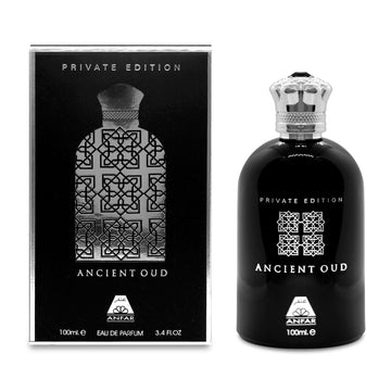 בקבוק בושם יוקרתי Anfar Ancient Oud לגבר בעיצוב אצילי המשלב גווני חום כהה וזהב, המקרין עוצמה מזרחית, יוקרה של עוד וסטייל של בישום נישה ערבי עילית
