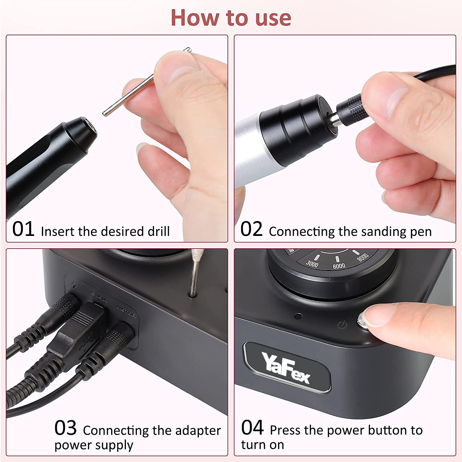 מכונת שיוף חשמלית 6 ראשים + מנורת לד עוצמתית + 36 רצועות נייר זכוכית פדיקור מניקור **אספקה מיידית + אחריות 30,000סל"ד YAFEX